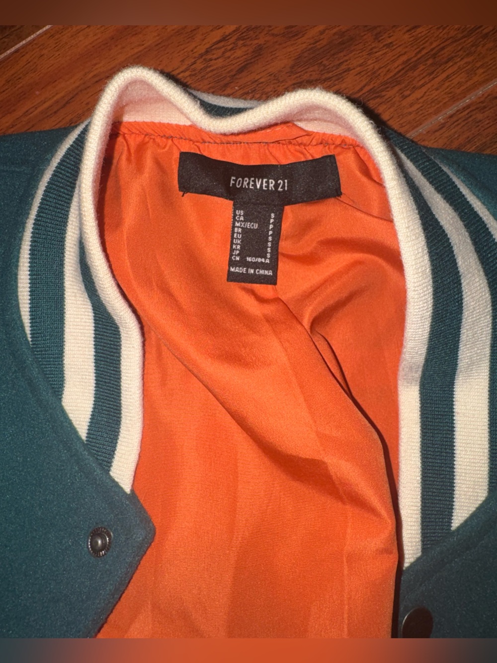 Forever 21 Two-Tone Varsity Jacket in Teal, Cream & Orange - Picture 2 of 3